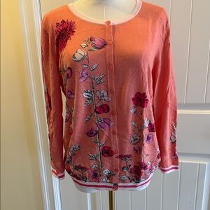 Talbots Floral Embroidered Cardigan - Coral and Pink